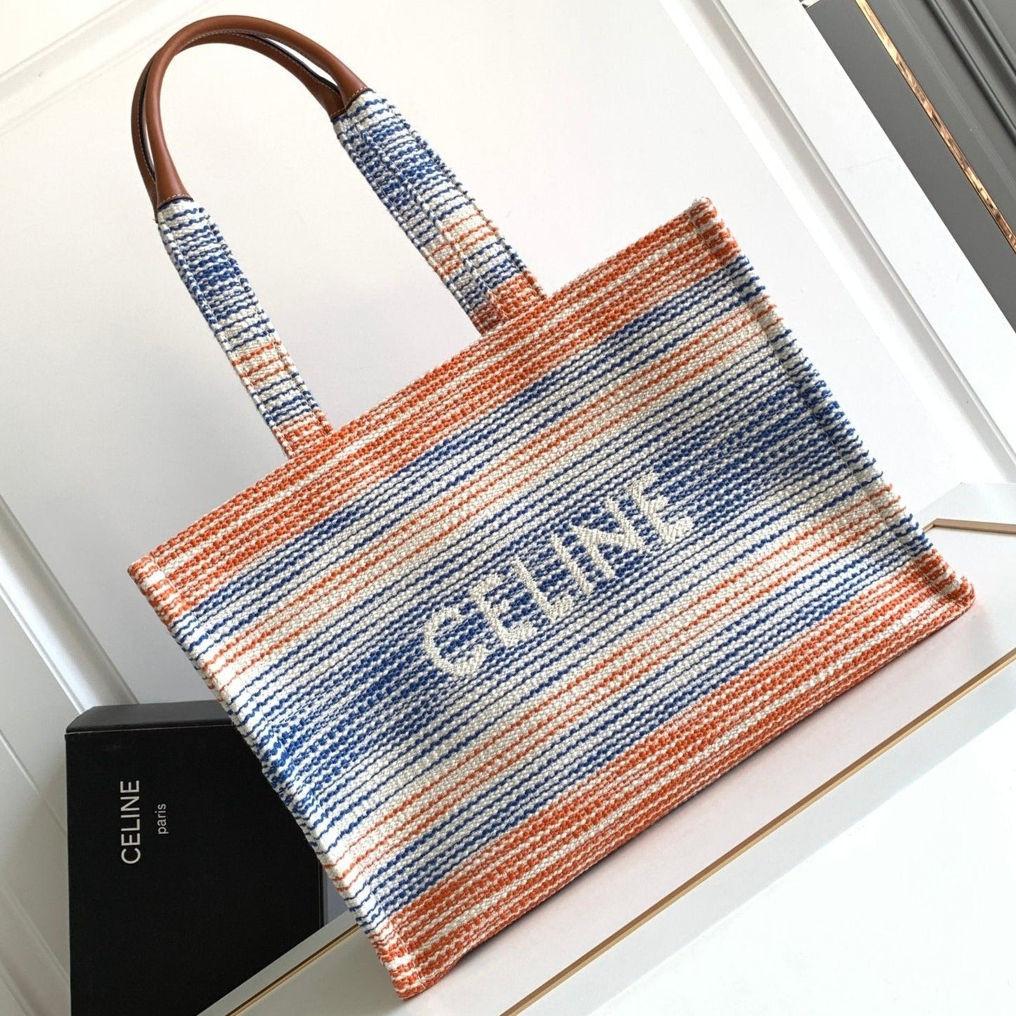 Celine large cabas thais 41cm rainbow striped canvas