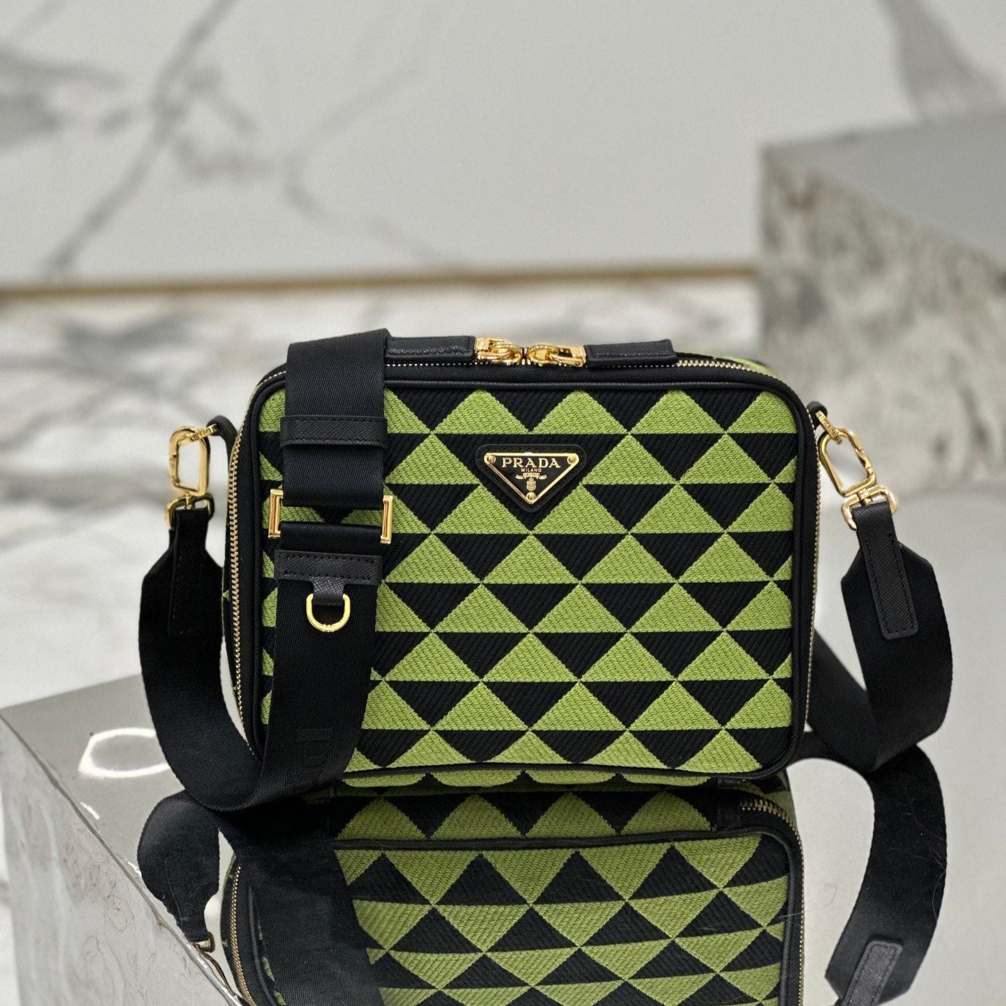 PRADA MESSENGER BAG 22 IN OCADO GREEN AND BLACK EMBROIDERED FABRIC GOLD HARDWARE
