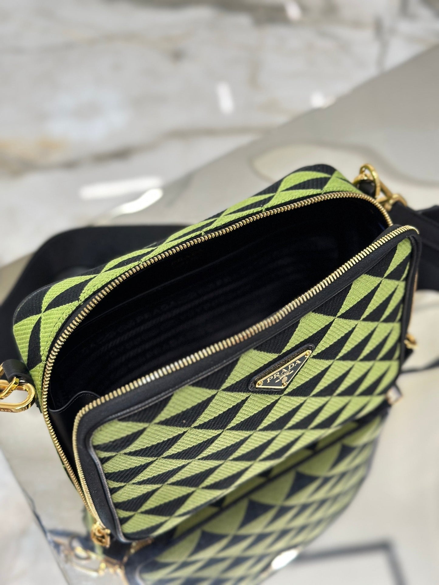 PRADA MESSENGER BAG 22 IN OCADO GREEN AND BLACK EMBROIDERED FABRIC GOLD HARDWARE