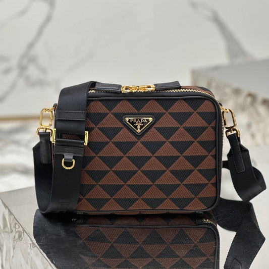 PRADA MESSENGER BAG 22 IN BLACK AND BROWN EMBROIDERED FABRIC GOLD HARDWARE