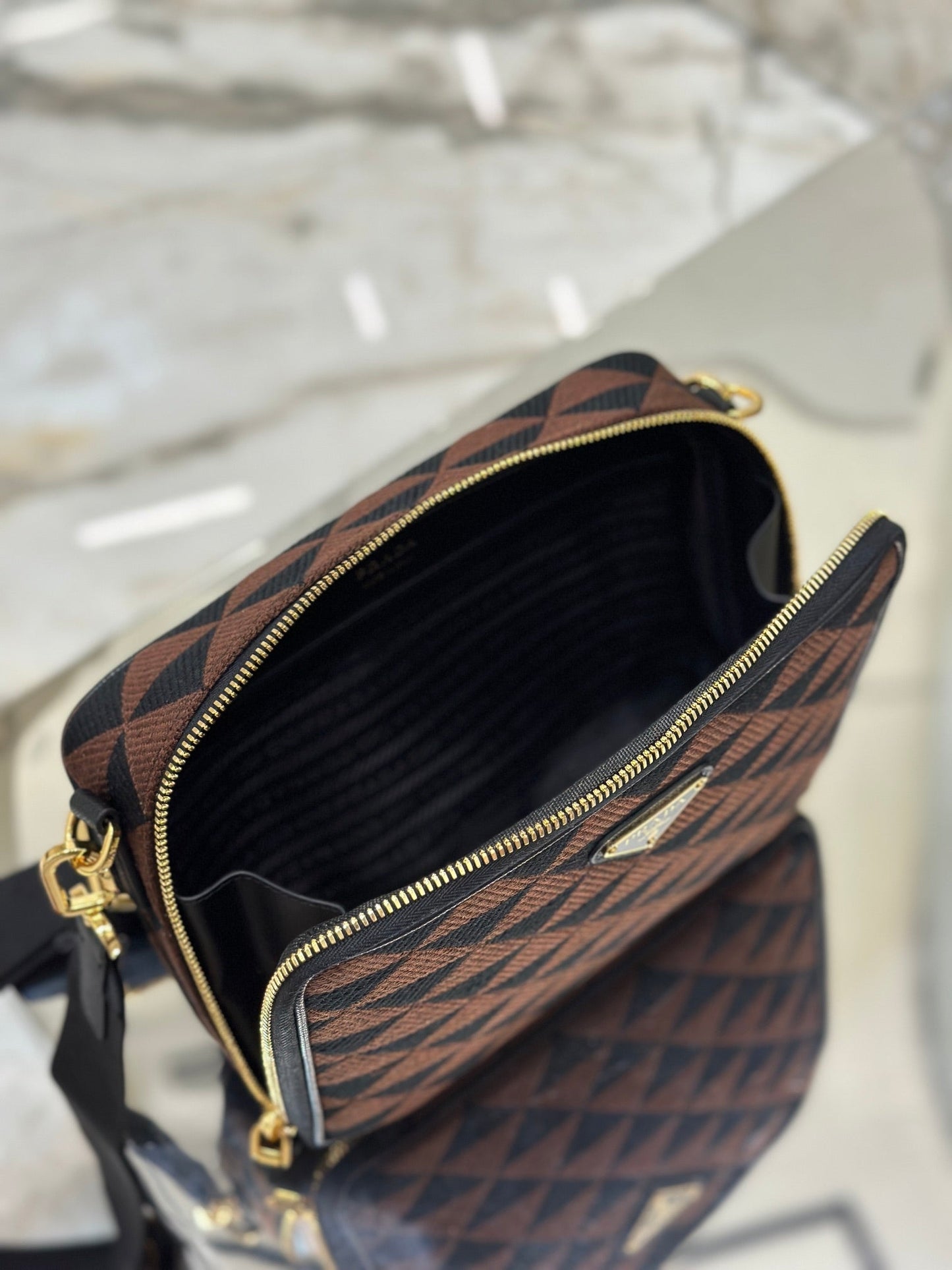 PRADA MESSENGER BAG 22 IN BLACK AND BROWN EMBROIDERED FABRIC GOLD HARDWARE
