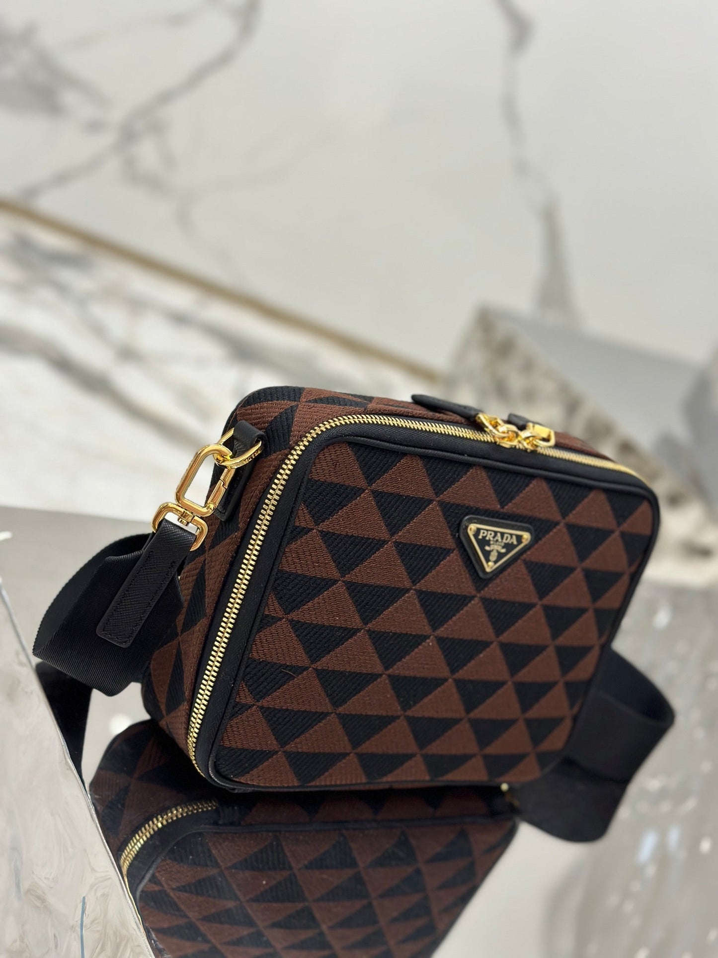 PRADA MESSENGER BAG 22 IN BLACK AND BROWN EMBROIDERED FABRIC GOLD HARDWARE