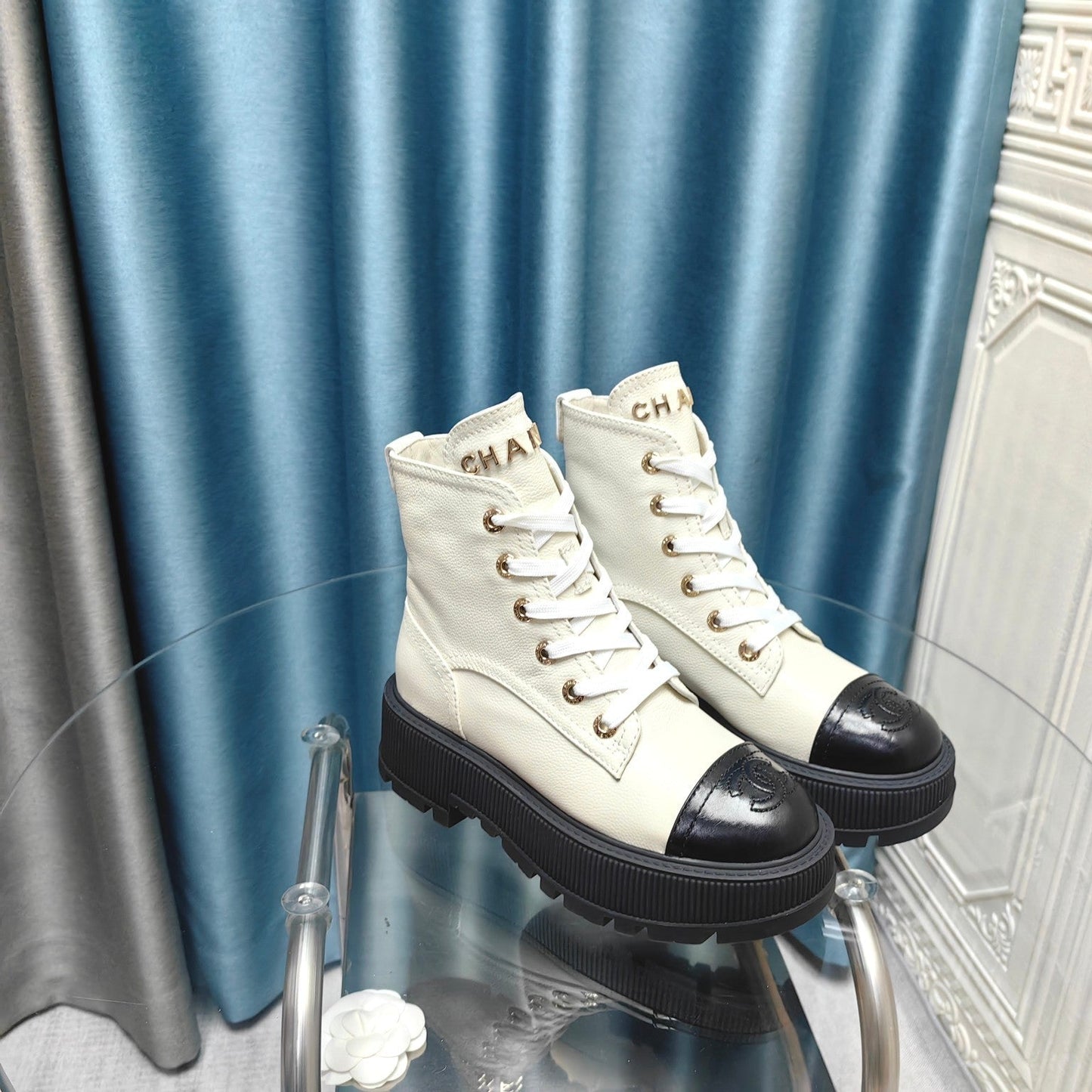CHANEL Ankle Boots White Lambskin