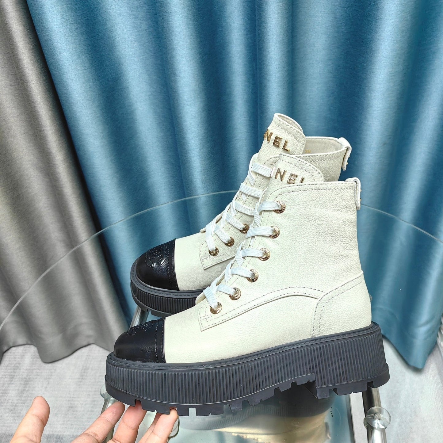 CHANEL Ankle Boots White Lambskin