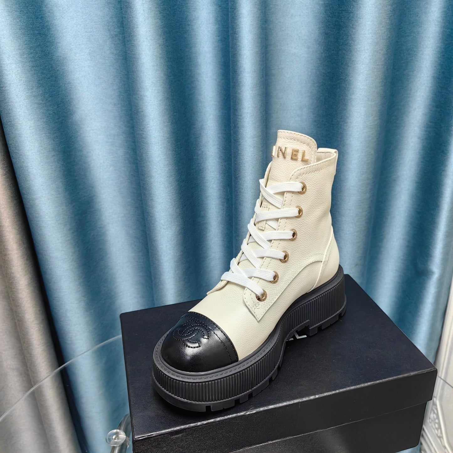 CHANEL Ankle Boots White Lambskin