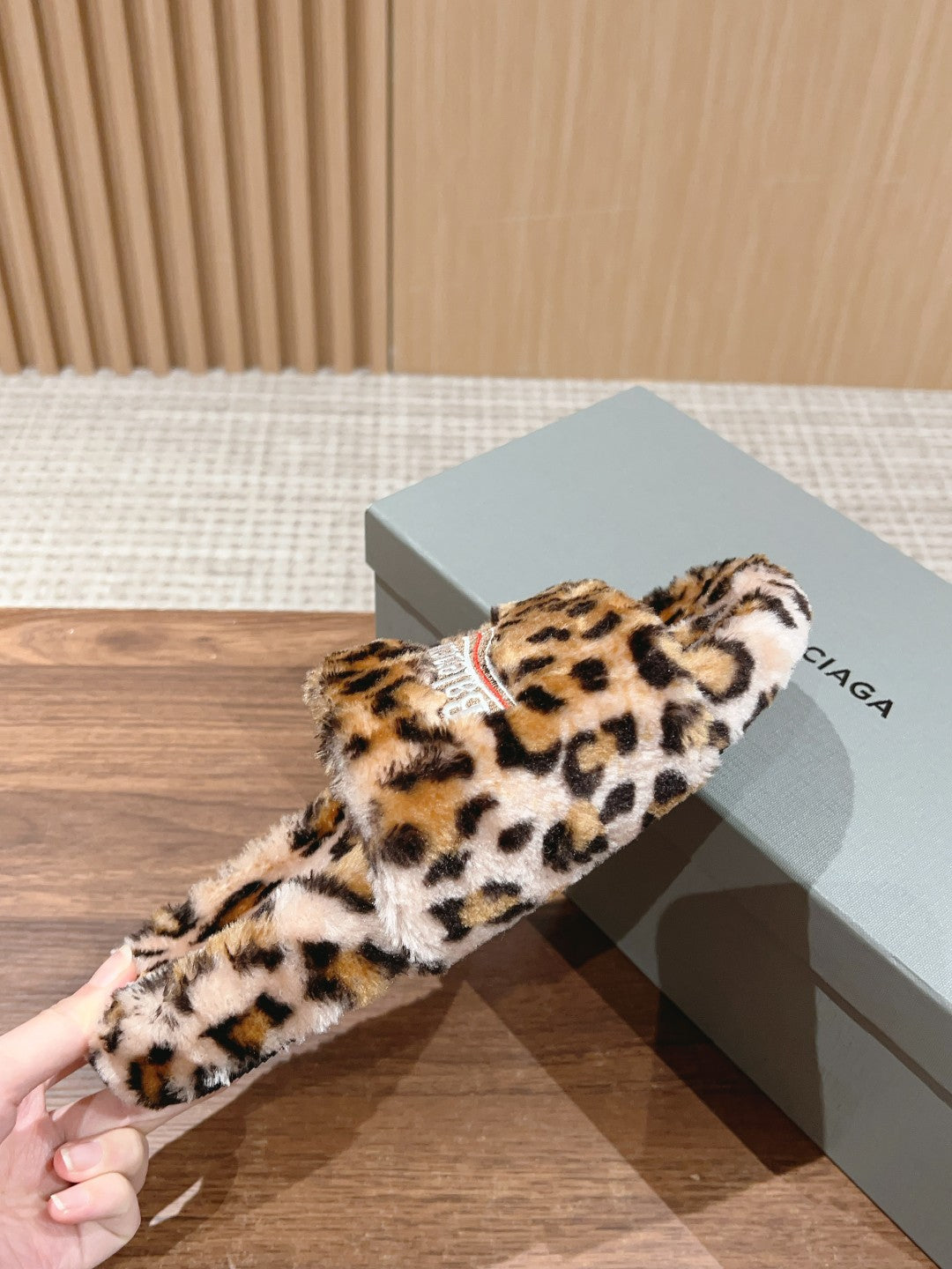 Balanciaga FURRY SLIDES IN LEOPARD PRINT RABBIT FUR