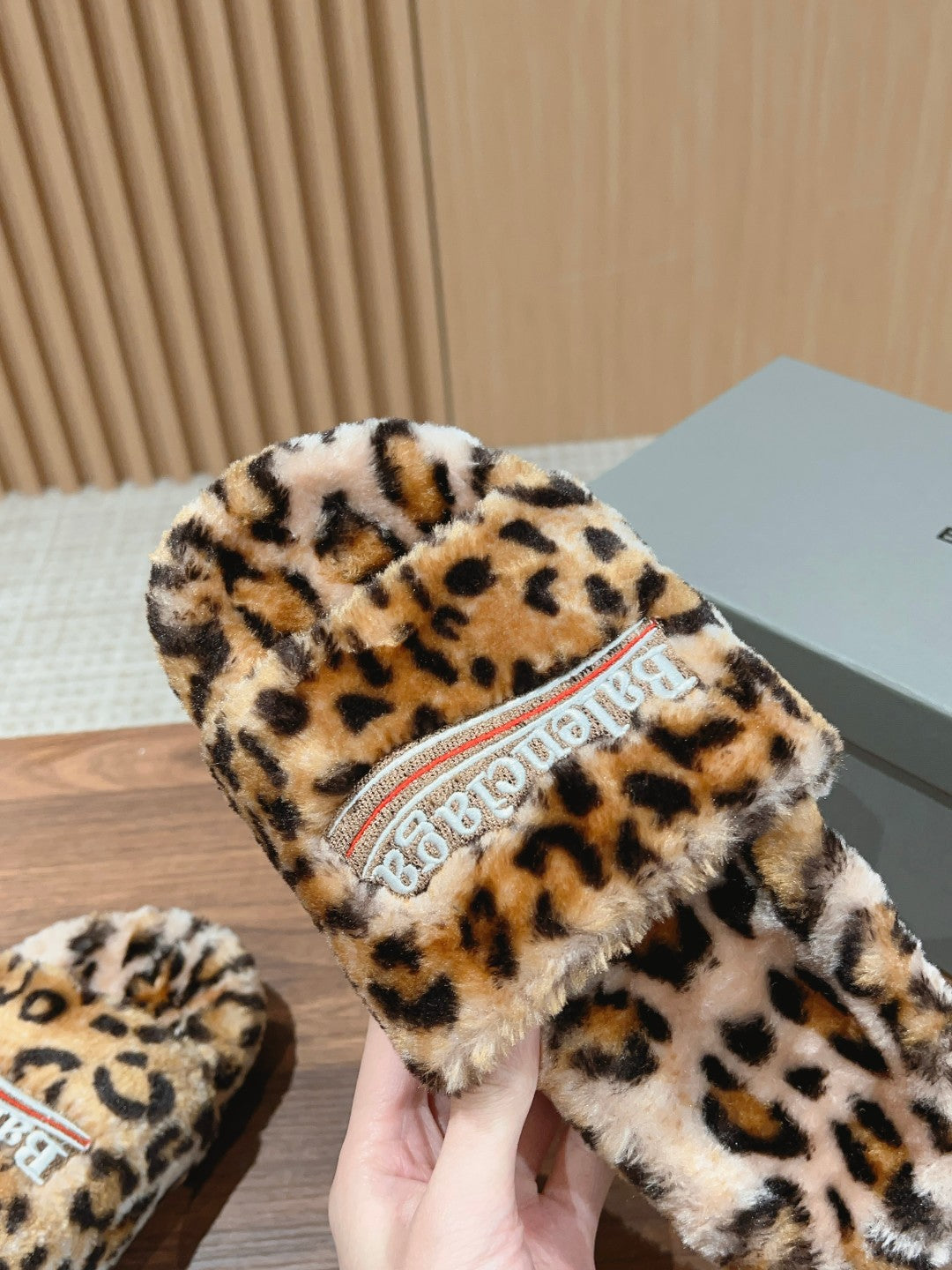 Balanciaga FURRY SLIDES IN LEOPARD PRINT RABBIT FUR