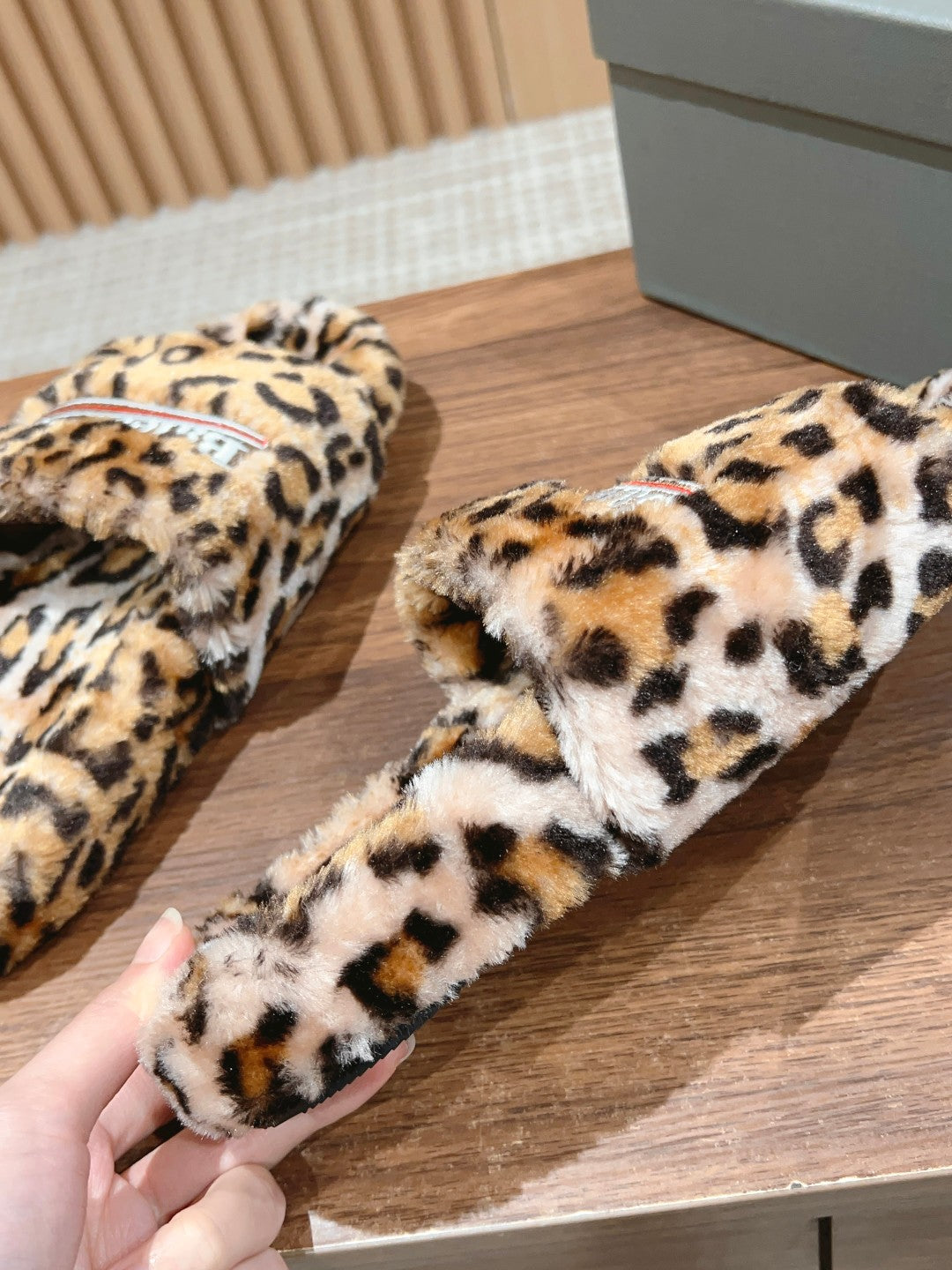 Balanciaga FURRY SLIDES IN LEOPARD PRINT RABBIT FUR