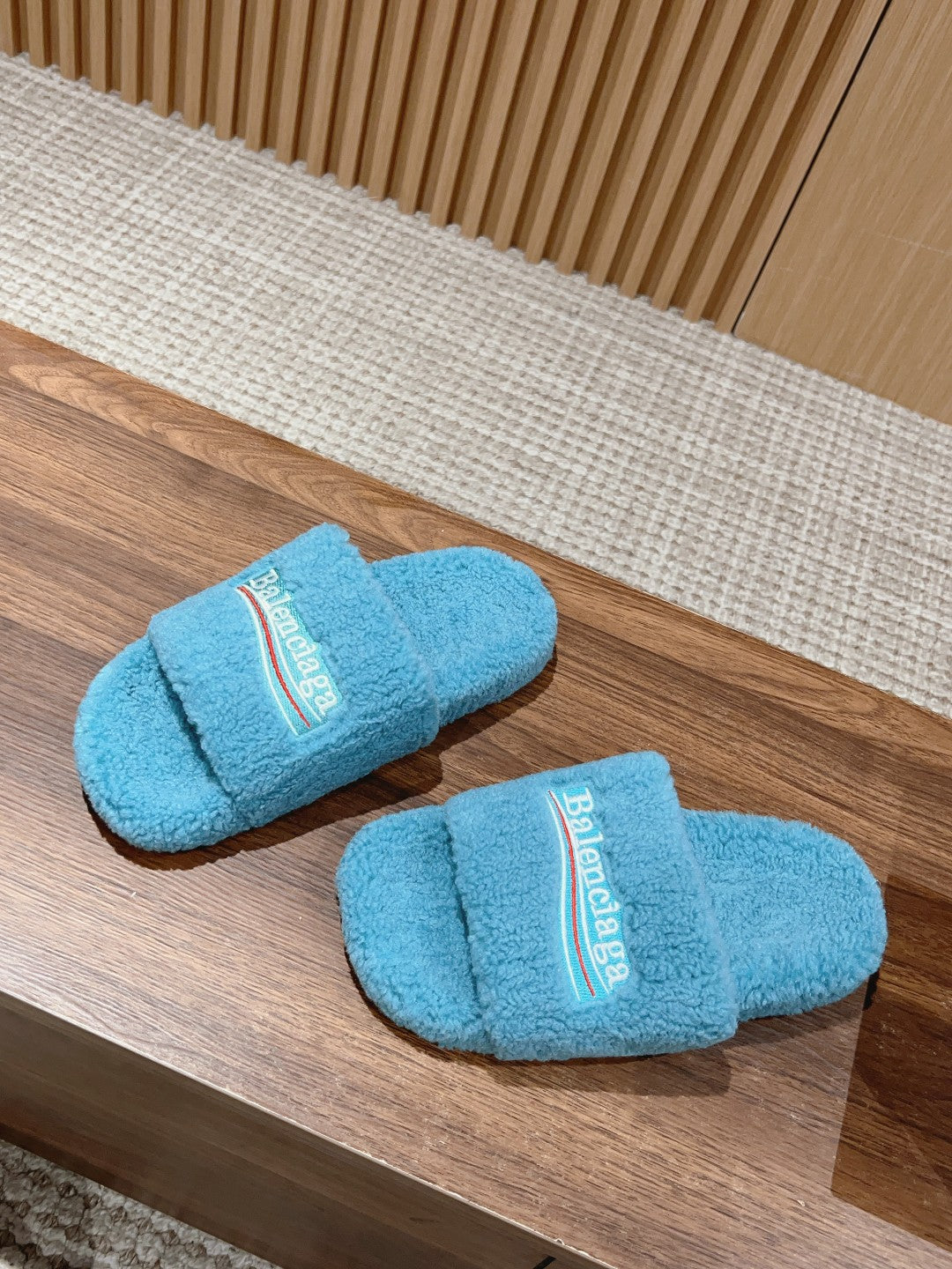 Balanciaga FURRY SLIDES IN SKY BLUE CURLY SHEARLING