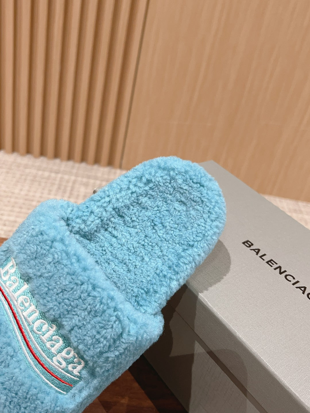 Balanciaga FURRY SLIDES IN SKY BLUE CURLY SHEARLING