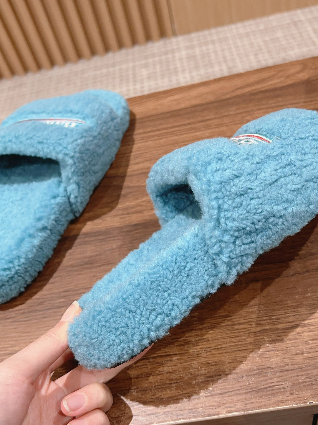 Balanciaga FURRY SLIDES IN SKY BLUE CURLY SHEARLING