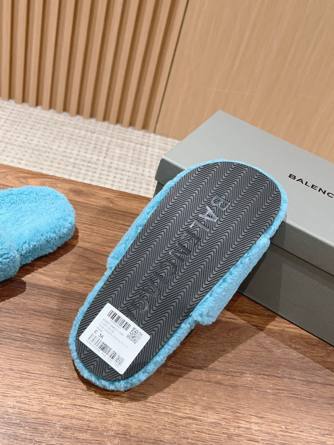 Balanciaga FURRY SLIDES IN SKY BLUE CURLY SHEARLING