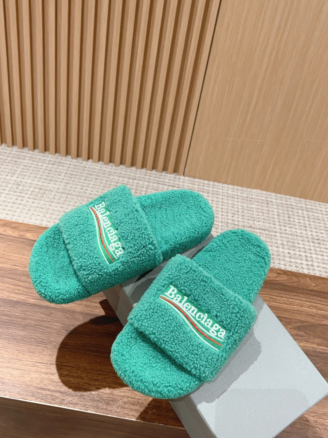 Balanciaga FURRY SLIDES IN TURQUOISE CURLY SHEARLING