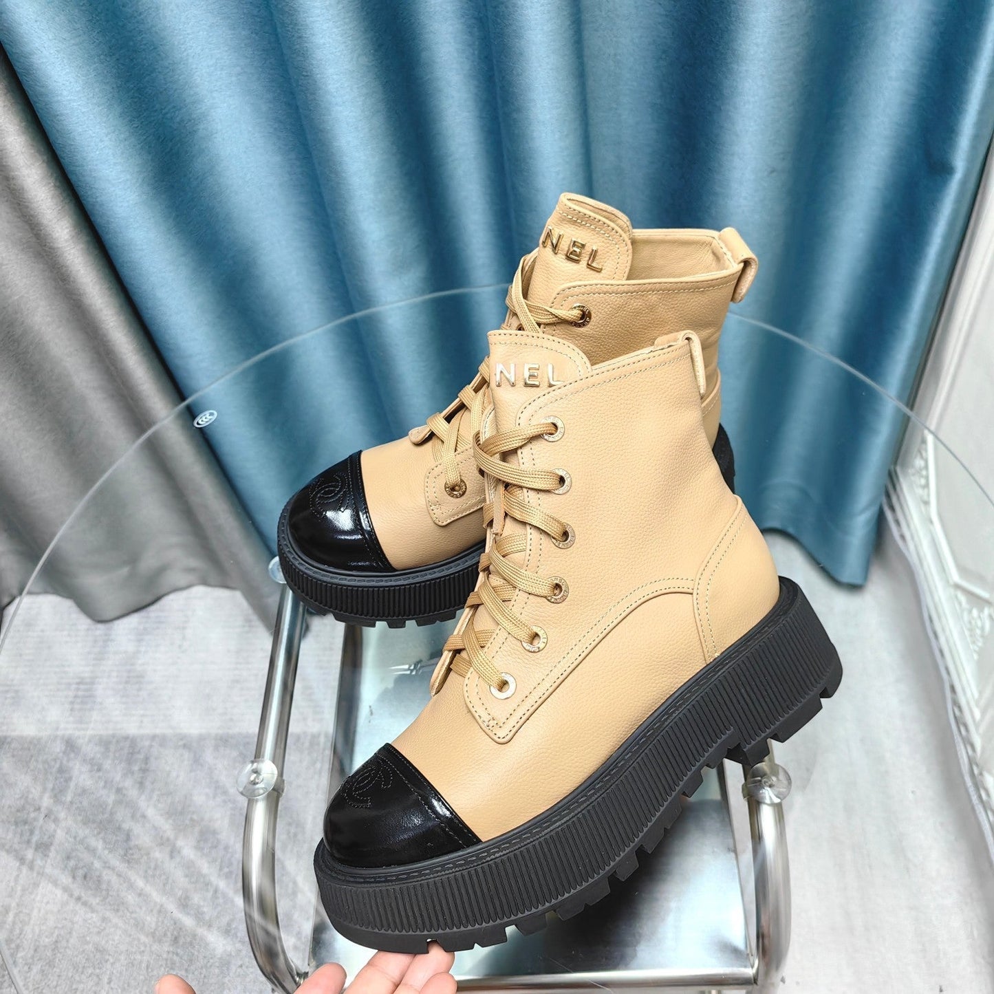 CHANEL Ankle Boots Beige Lambskin