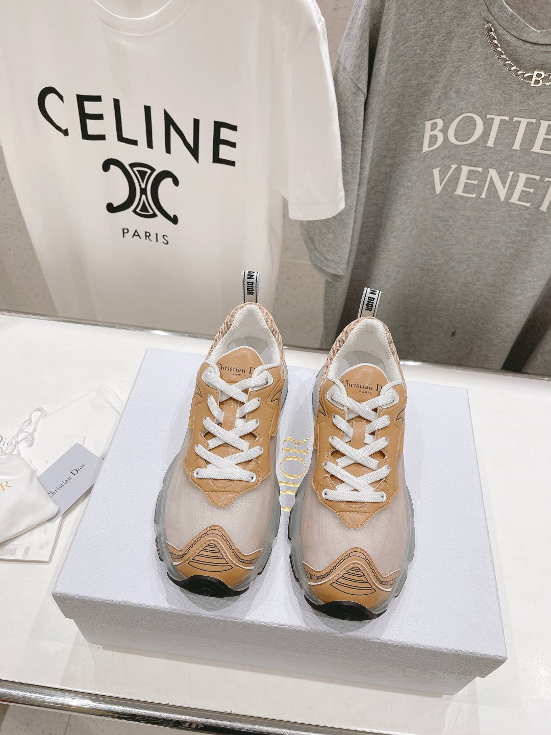 DIOR Vibe Sneaker White Beige Brown Polyester Mesh Fabric And Lambskin