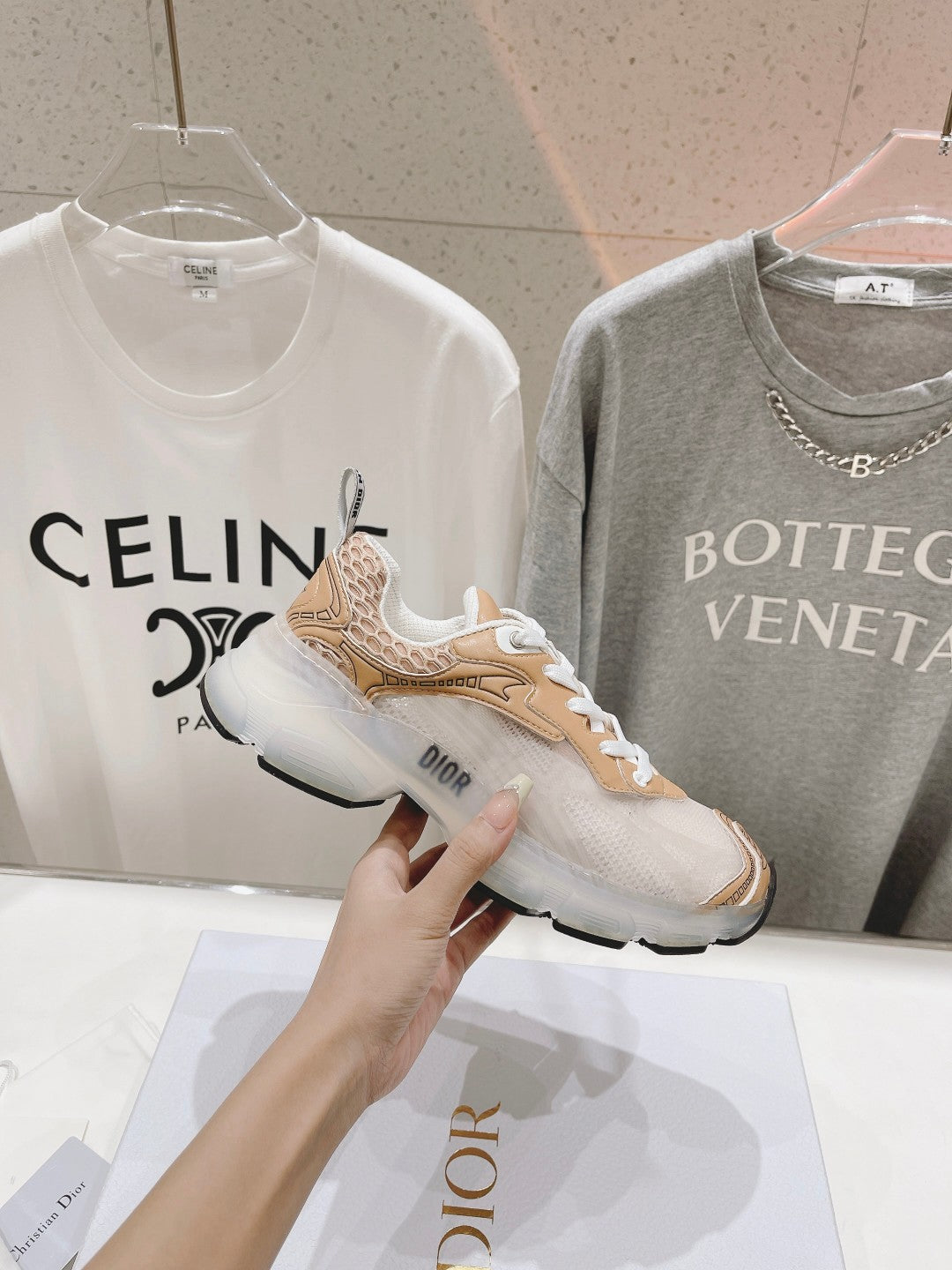 DIOR Vibe Sneaker White Beige Brown Polyester Mesh Fabric And Lambskin