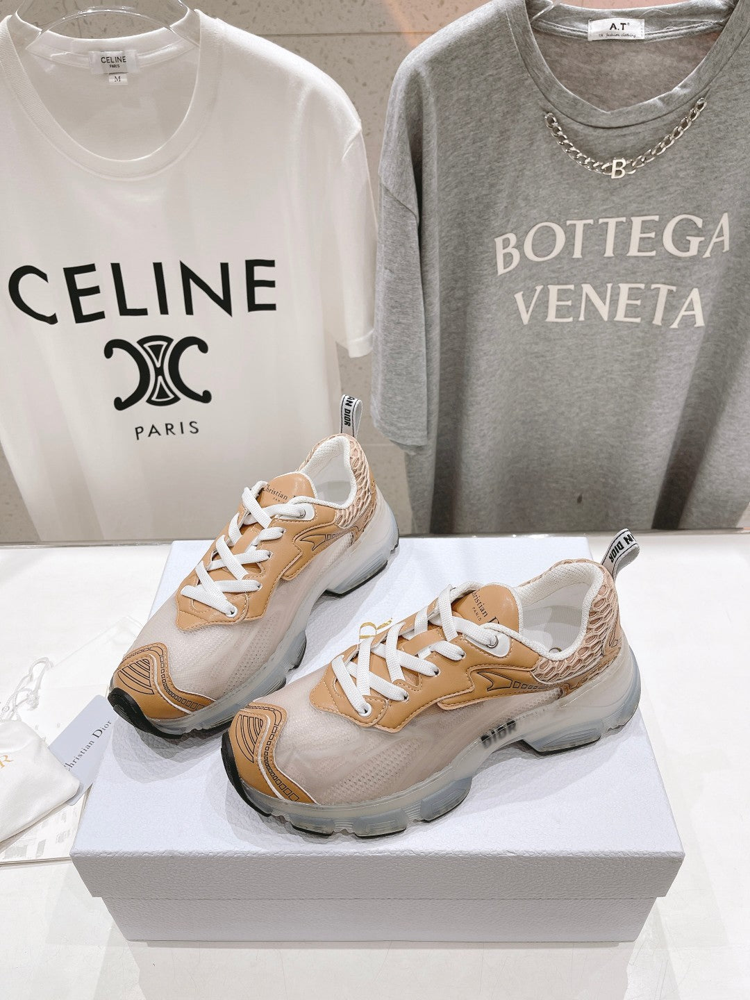 DIOR Vibe Sneaker White Beige Brown Polyester Mesh Fabric And Lambskin