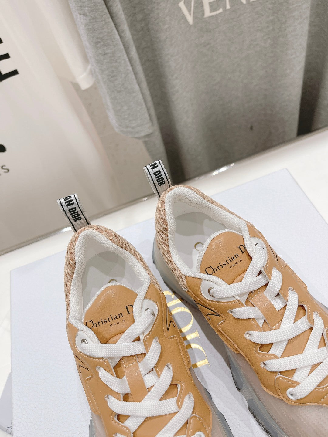 DIOR Vibe Sneaker White Beige Brown Polyester Mesh Fabric And Lambskin