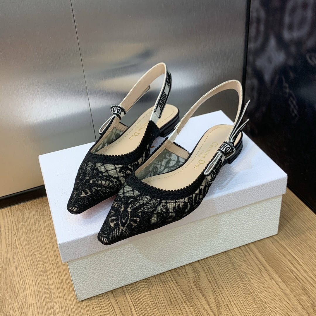 DIOR JA DIOR slingback flat transparent mesh embroidered black butterfly motif