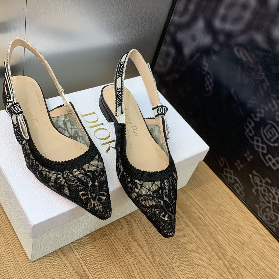 DIOR JA DIOR slingback flat transparent mesh embroidered black butterfly motif