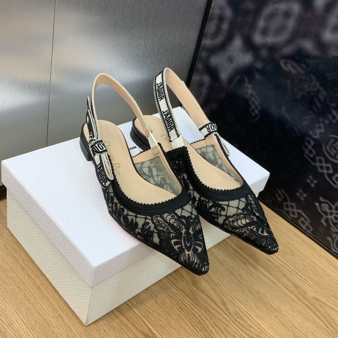 DIOR JA DIOR slingback flat transparent mesh embroidered black butterfly motif