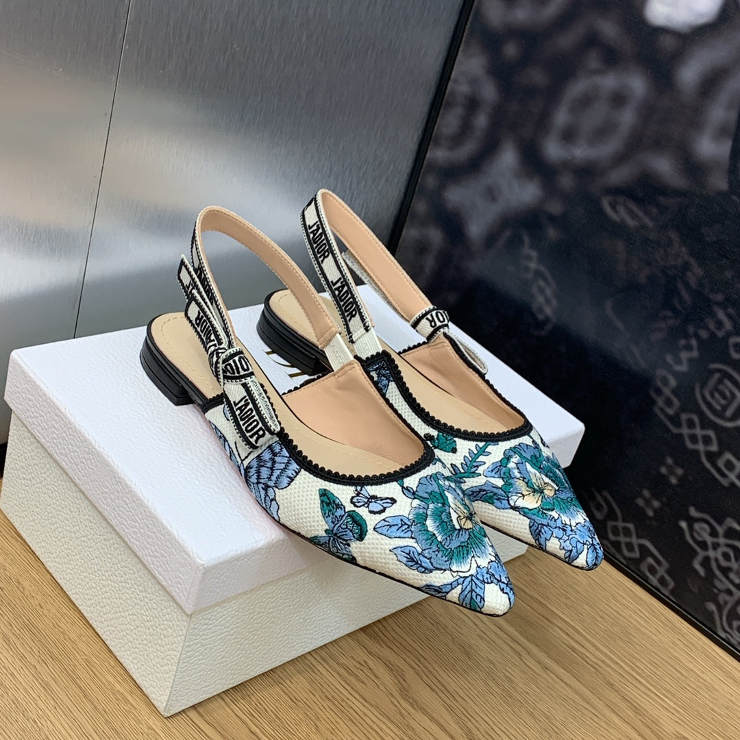 DIOR JA DIOR Slingback Flat Pastel Midnight Blue Multicolor Embroidered Cotton with Toile de Jouy Mexico Motif