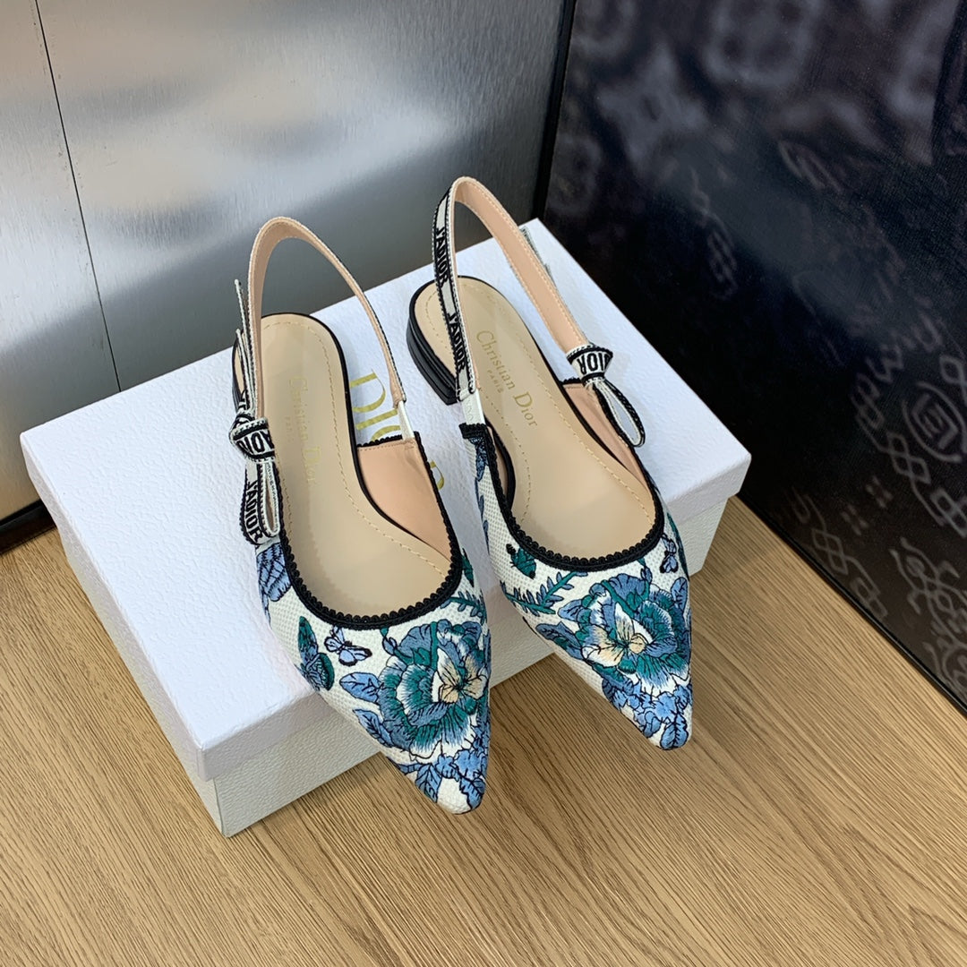 DIOR JA DIOR Slingback Flat Pastel Midnight Blue Multicolor Embroidered Cotton with Toile de Jouy Mexico Motif