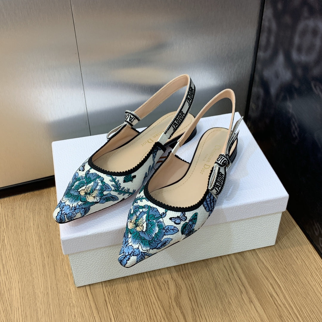 DIOR JA DIOR Slingback Flat Pastel Midnight Blue Multicolor Embroidered Cotton with Toile de Jouy Mexico Motif