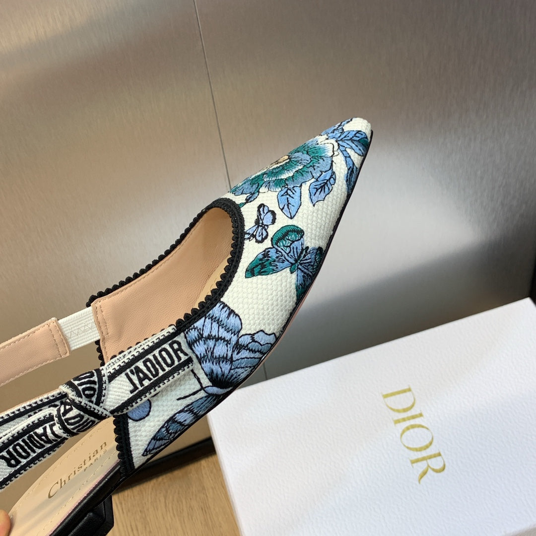 DIOR JA DIOR Slingback Flat Pastel Midnight Blue Multicolor Embroidered Cotton with Toile de Jouy Mexico Motif