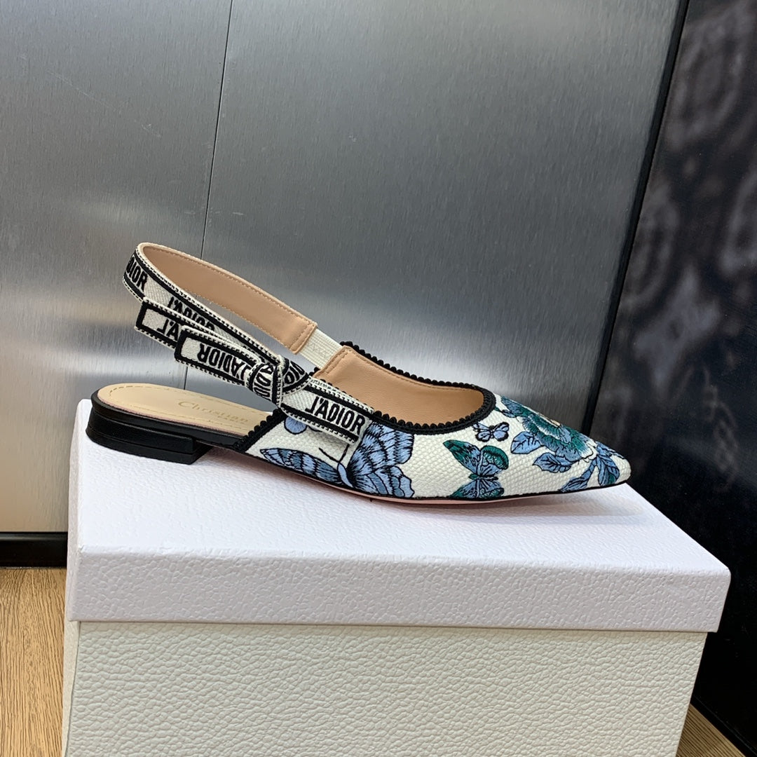 DIOR JA DIOR Slingback Flat Pastel Midnight Blue Multicolor Embroidered Cotton with Toile de Jouy Mexico Motif