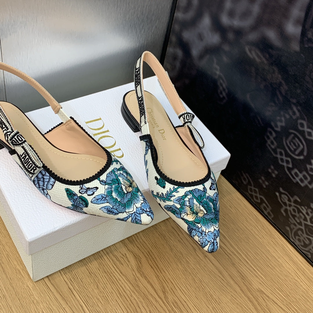 DIOR JA DIOR Slingback Flat Pastel Midnight Blue Multicolor Embroidered Cotton with Toile de Jouy Mexico Motif
