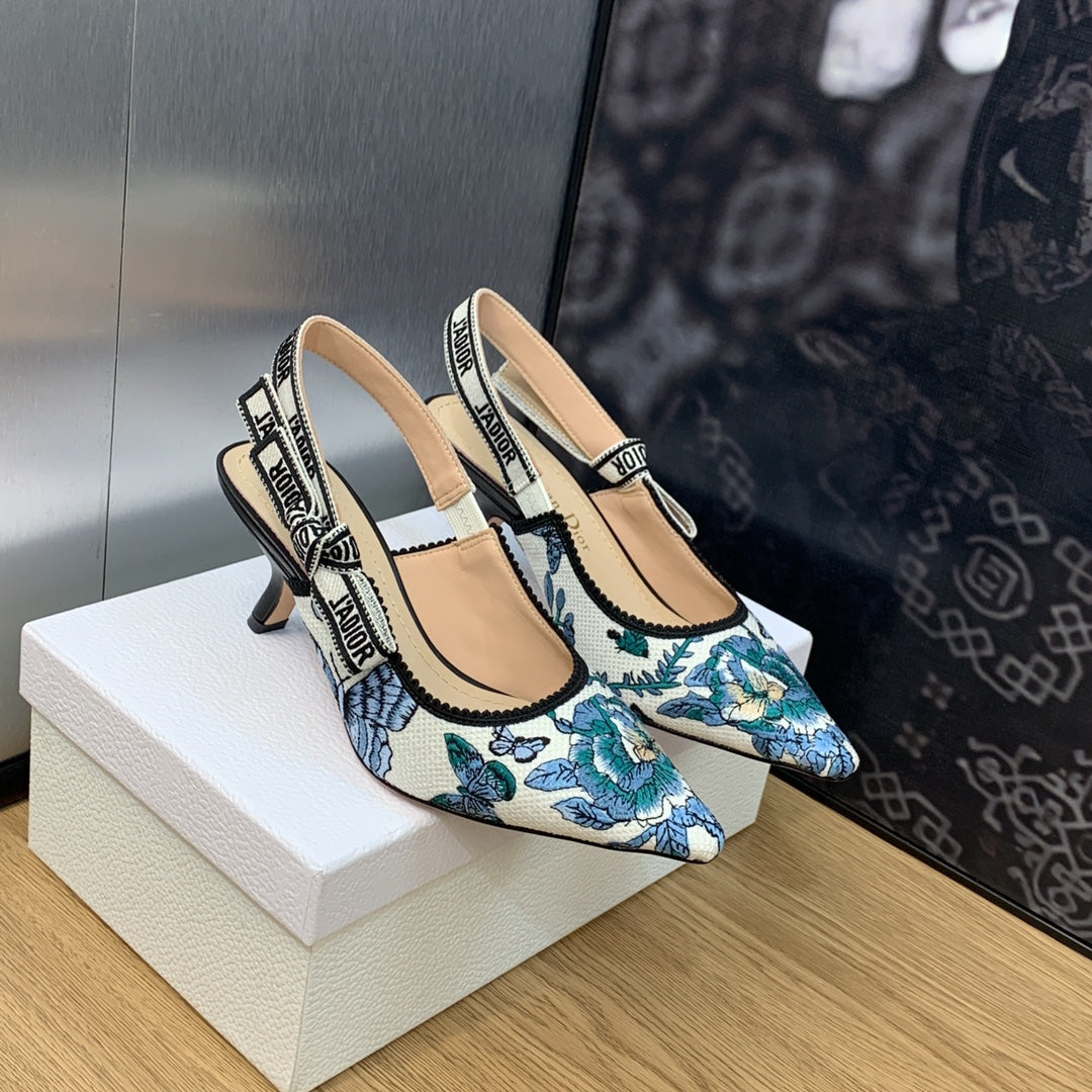 DIOR JA DIOR Slingback Pump 65 Pastel Midnight Blue Multicolor Embroidered Cotton with Toile de Jouy Mexico Motif