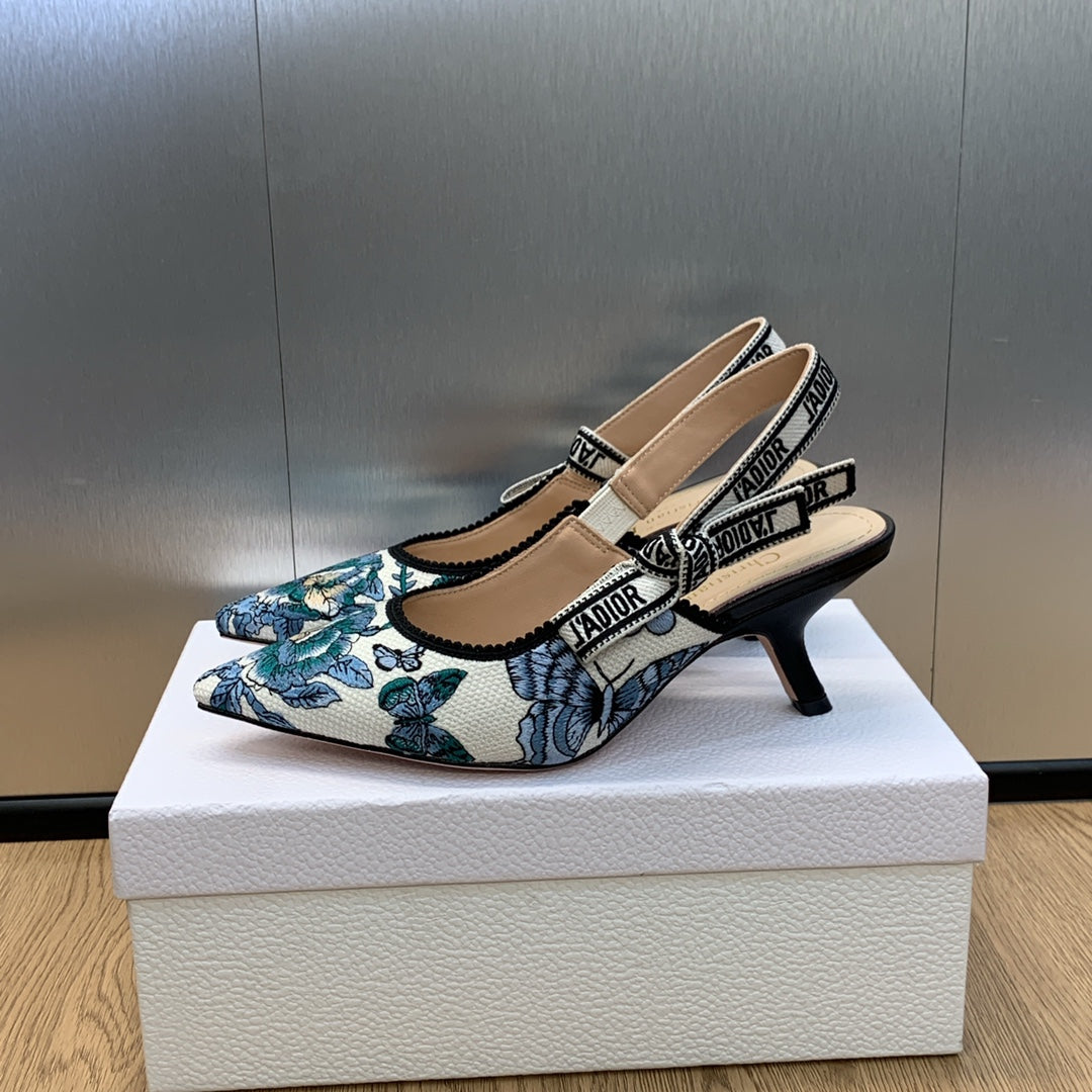 DIOR JA DIOR Slingback Pump 65 Pastel Midnight Blue Multicolor Embroidered Cotton with Toile de Jouy Mexico Motif
