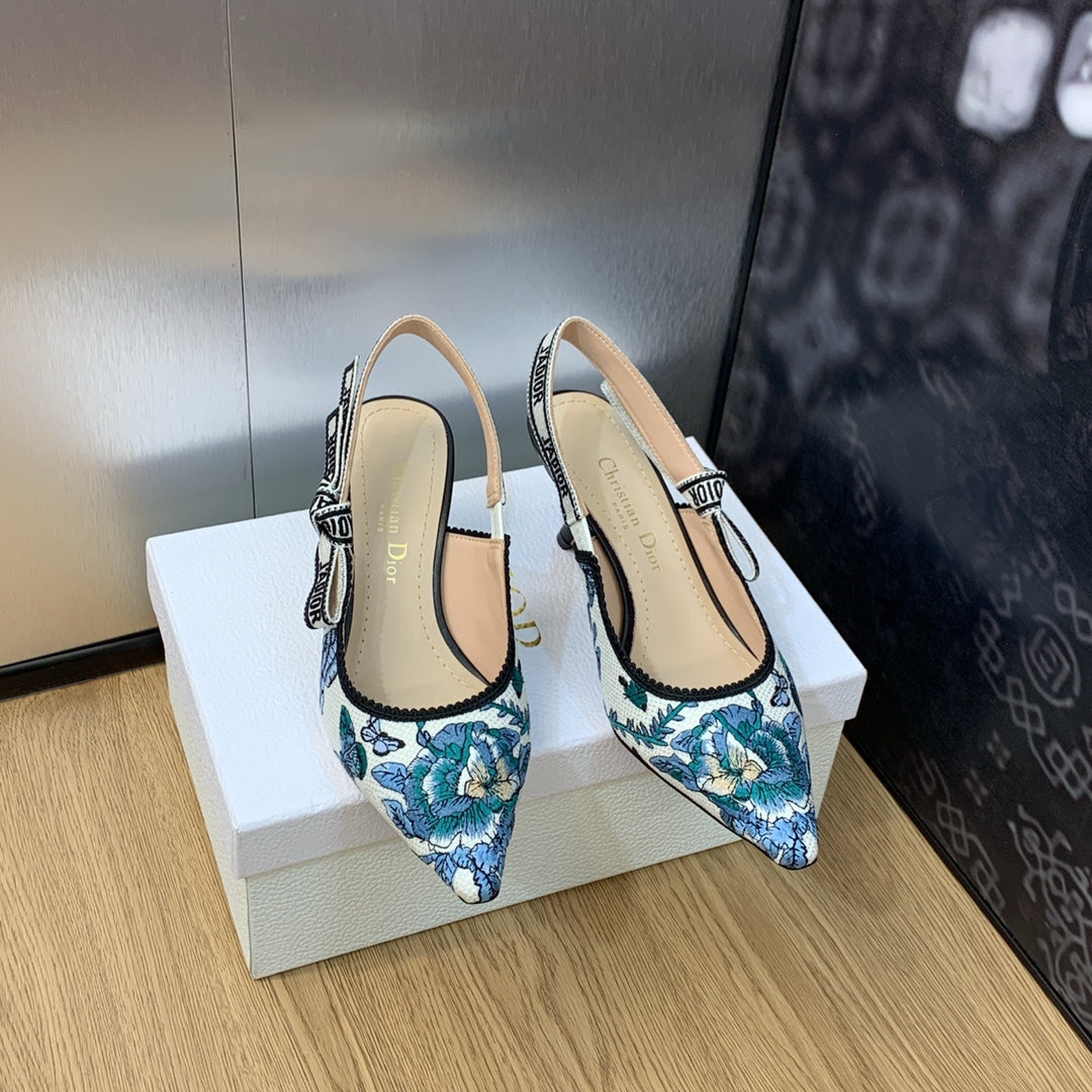 DIOR JA DIOR Slingback Pump 65 Pastel Midnight Blue Multicolor Embroidered Cotton with Toile de Jouy Mexico Motif