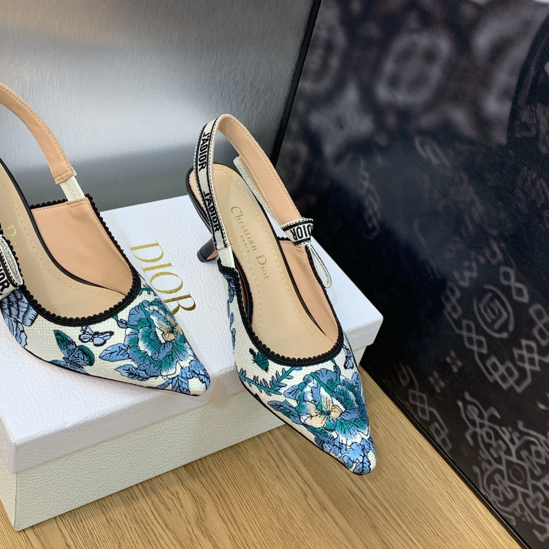 DIOR JA DIOR Slingback Pump 65 Pastel Midnight Blue Multicolor Embroidered Cotton with Toile de Jouy Mexico Motif