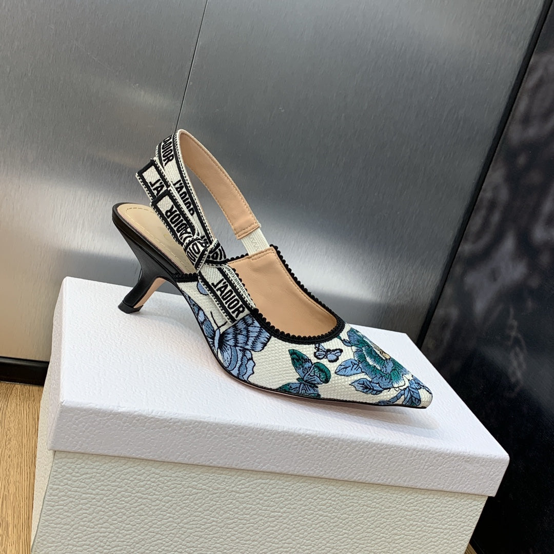 DIOR JA DIOR Slingback Pump 65 Pastel Midnight Blue Multicolor Embroidered Cotton with Toile de Jouy Mexico Motif
