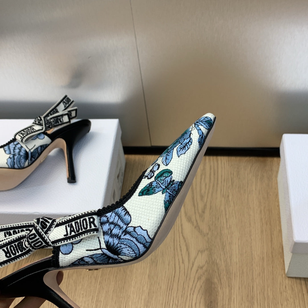 DIOR JA DIOR Slingback Pump 95 Pastel Midnight Blue Multicolor Embroidered Cotton with Toile de Jouy Mexico Motif