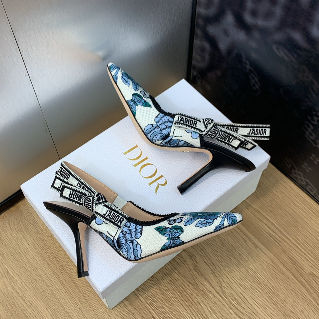DIOR JA DIOR Slingback Pump 95 Pastel Midnight Blue Multicolor Embroidered Cotton with Toile de Jouy Mexico Motif