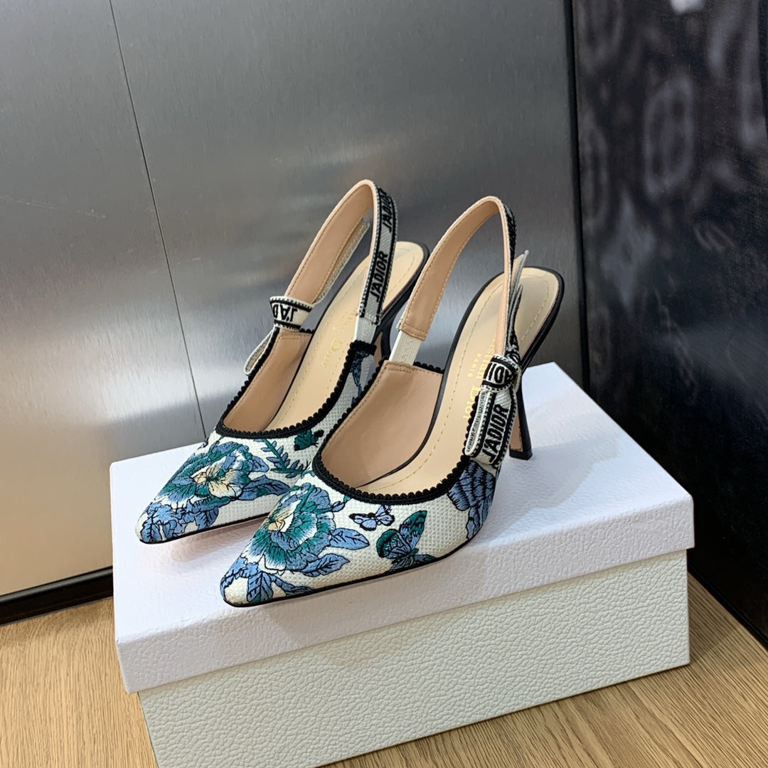 DIOR JA DIOR Slingback Pump 95 Pastel Midnight Blue Multicolor Embroidered Cotton with Toile de Jouy Mexico Motif
