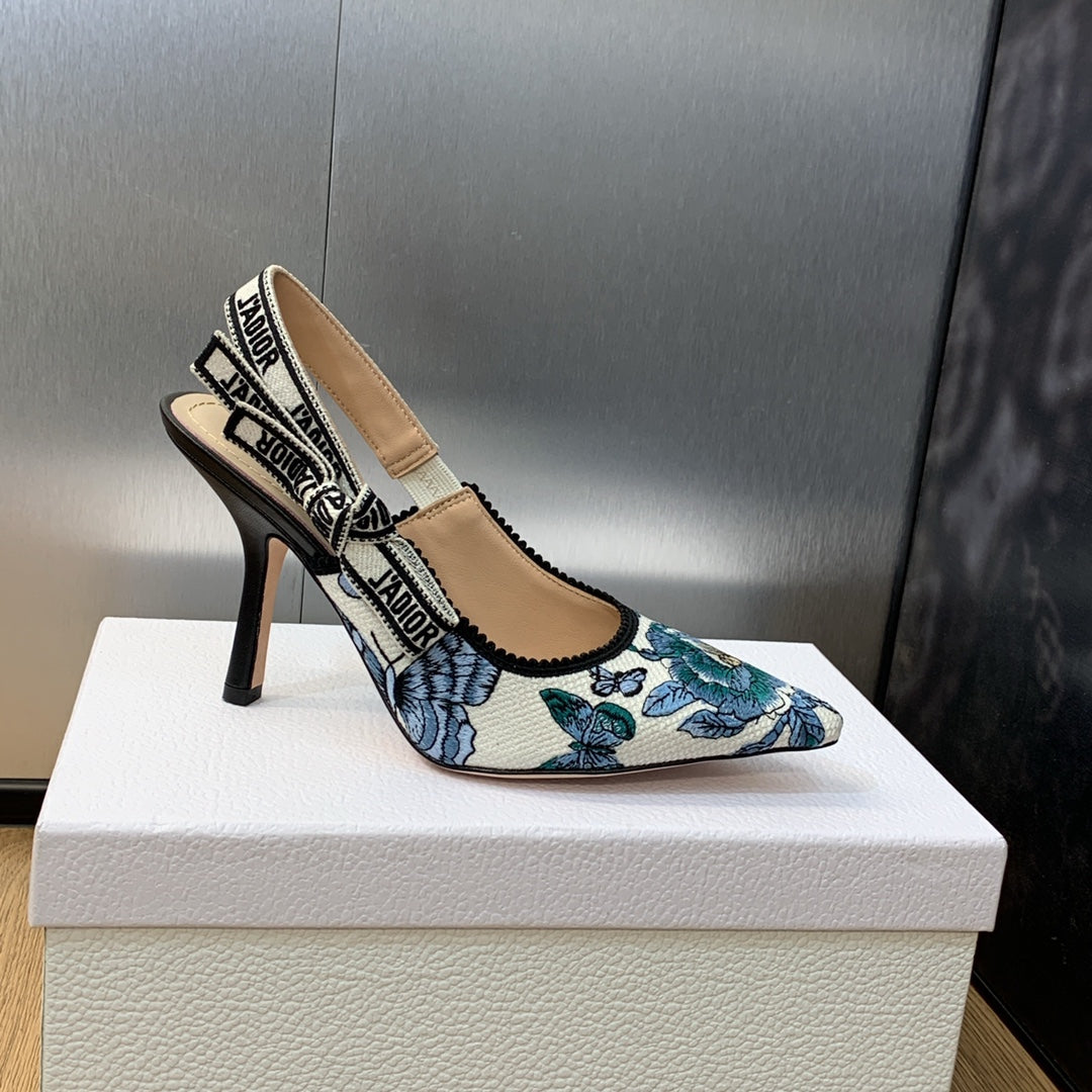 DIOR JA DIOR Slingback Pump 95 Pastel Midnight Blue Multicolor Embroidered Cotton with Toile de Jouy Mexico Motif