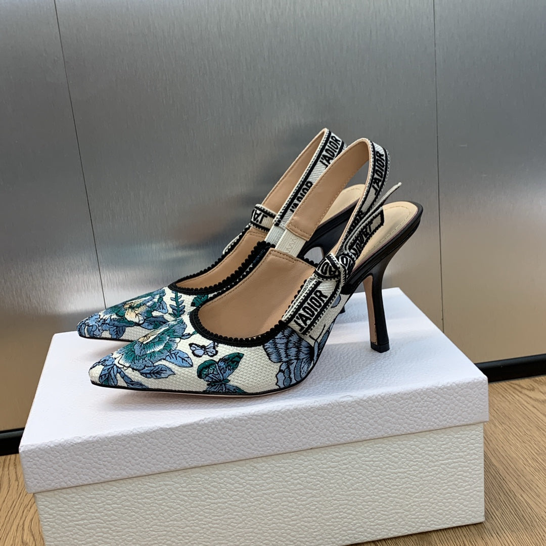 DIOR JA DIOR Slingback Pump 95 Pastel Midnight Blue Multicolor Embroidered Cotton with Toile de Jouy Mexico Motif