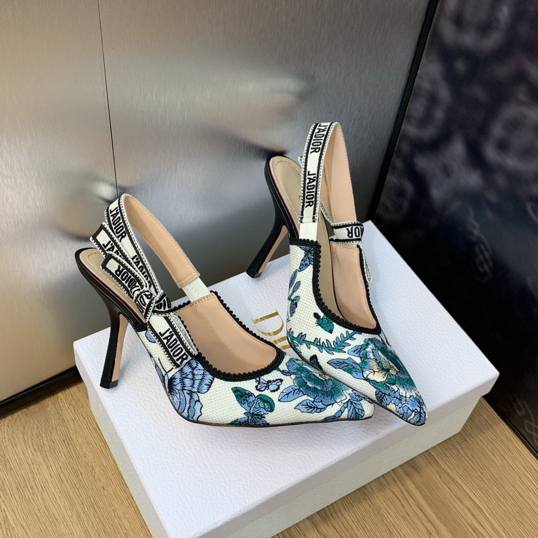 DIOR JA DIOR Slingback Pump 95 Pastel Midnight Blue Multicolor Embroidered Cotton with Toile de Jouy Mexico Motif