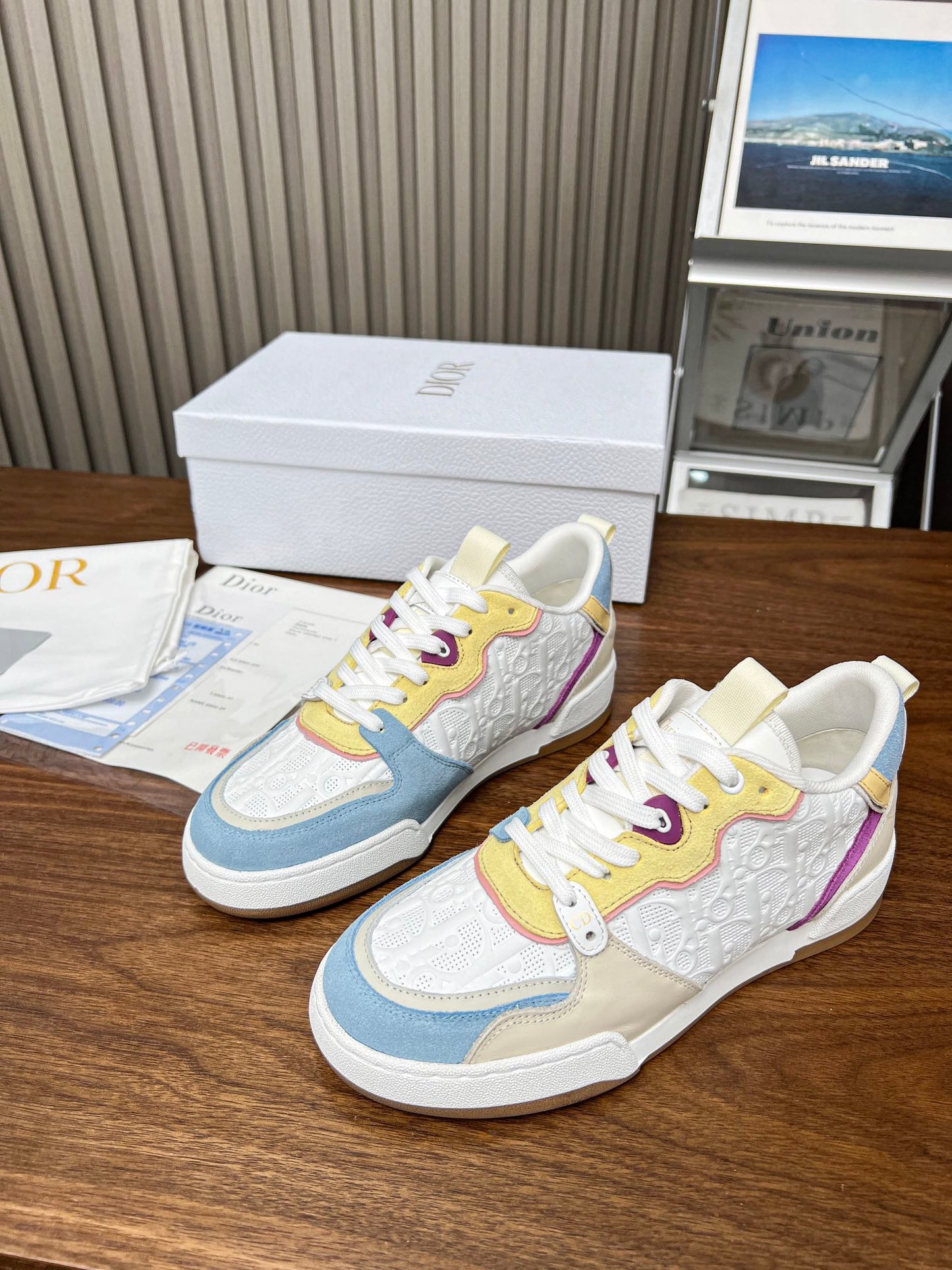 DIOR One Sneaker White Beige Mix Blue Yellow Oblique Perforated Suede And Calfskin