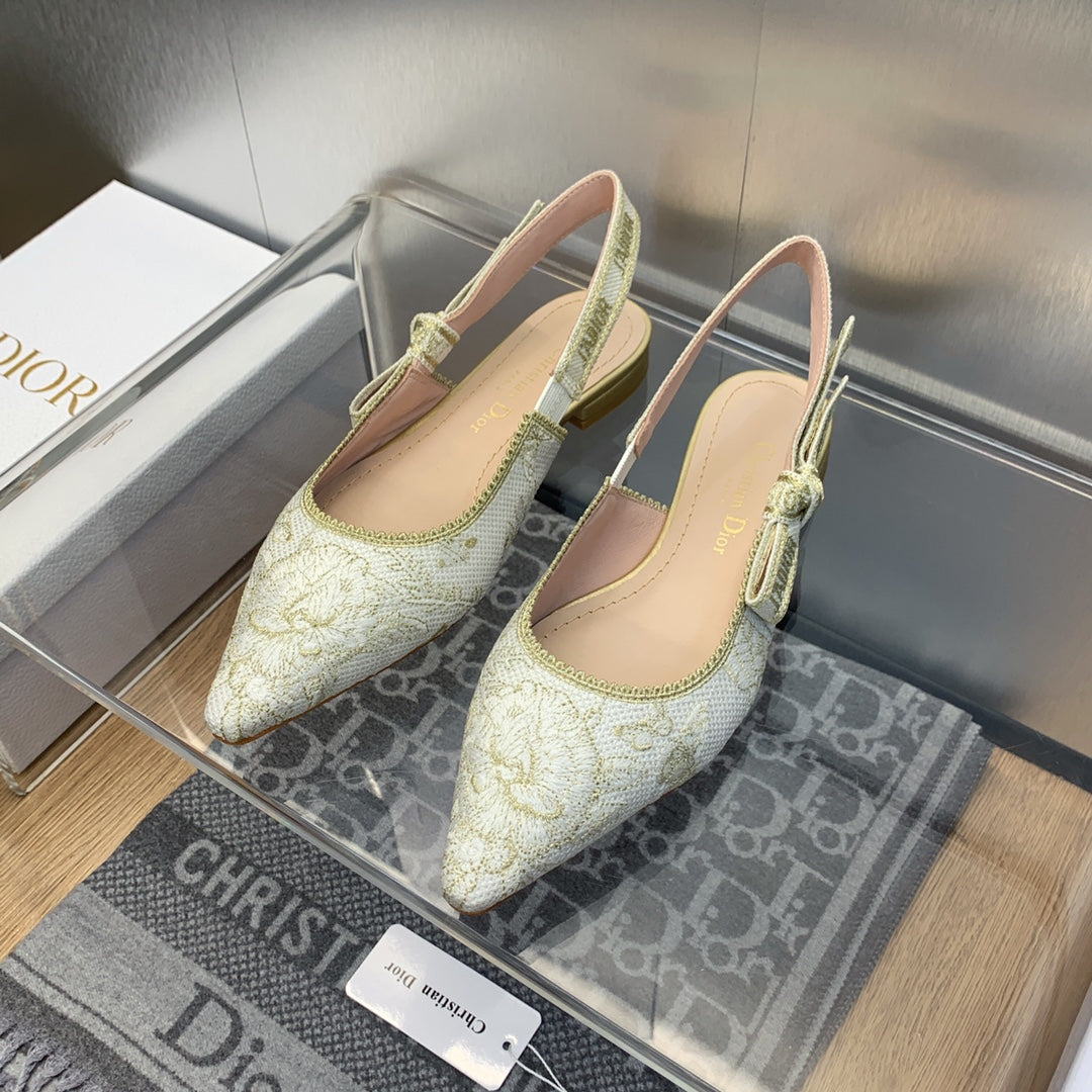 DIOR JA DIOR Slingback Flat White and Gold-Tone Toile de Jouy Mexico Embroidered Cotton with Metallic Thread