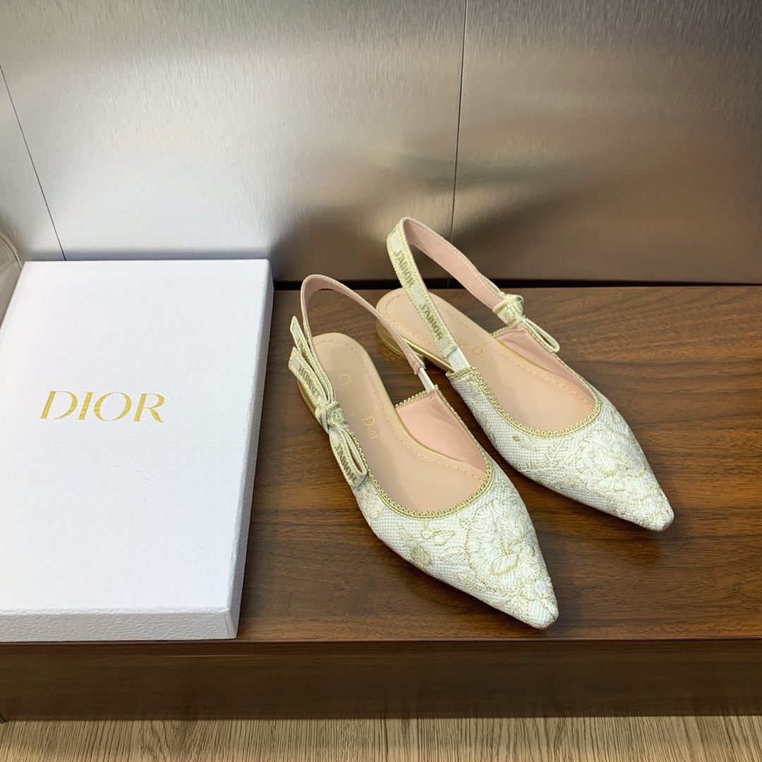 DIOR JA DIOR Slingback Flat White and Gold-Tone Toile de Jouy Mexico Embroidered Cotton with Metallic Thread