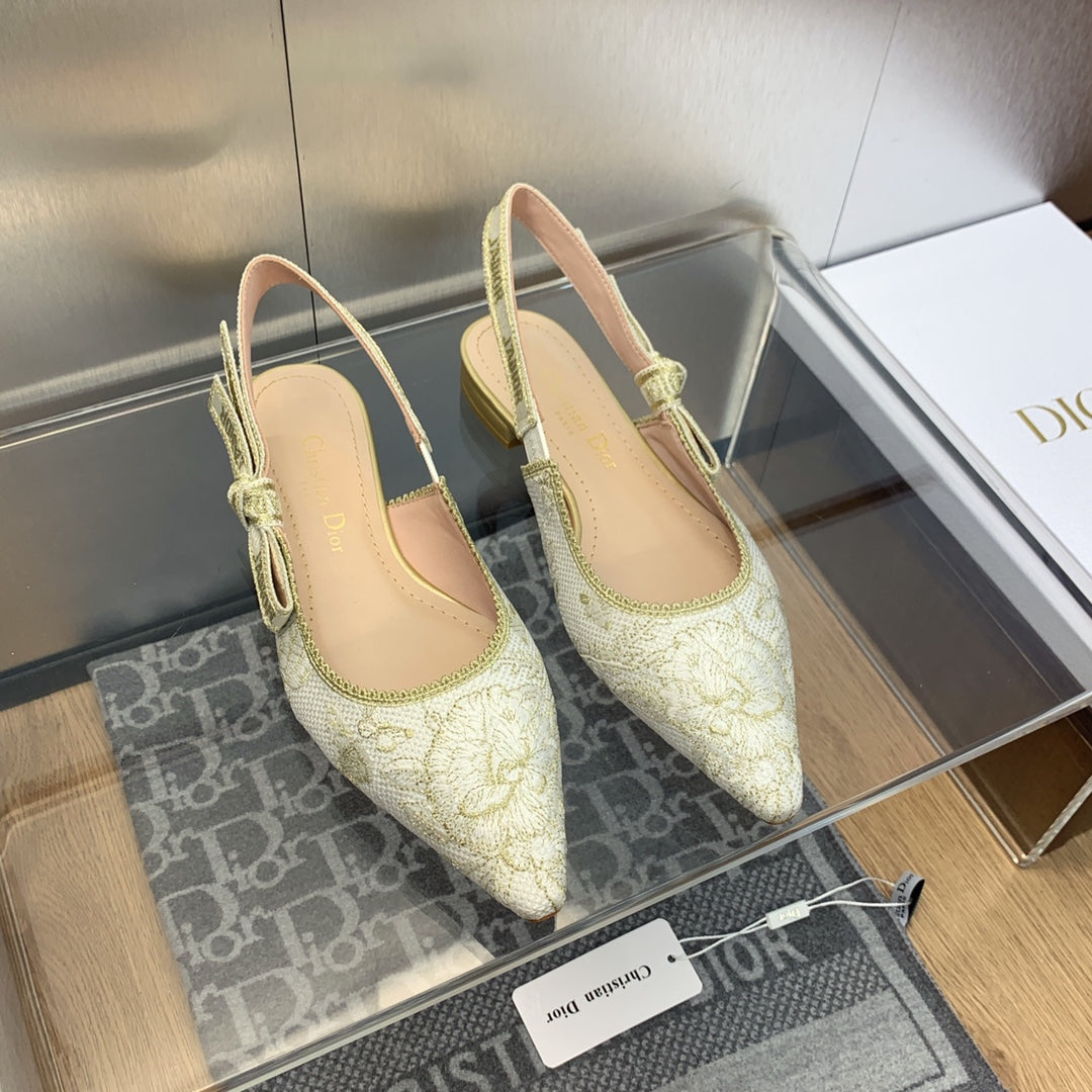 DIOR JA DIOR Slingback Flat White and Gold-Tone Toile de Jouy Mexico Embroidered Cotton with Metallic Thread