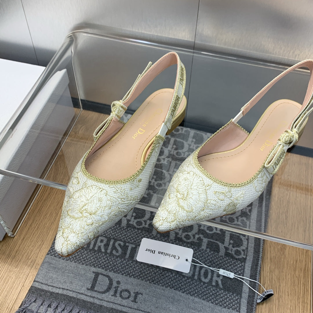DIOR JA DIOR Slingback Flat White and Gold-Tone Toile de Jouy Mexico Embroidered Cotton with Metallic Thread