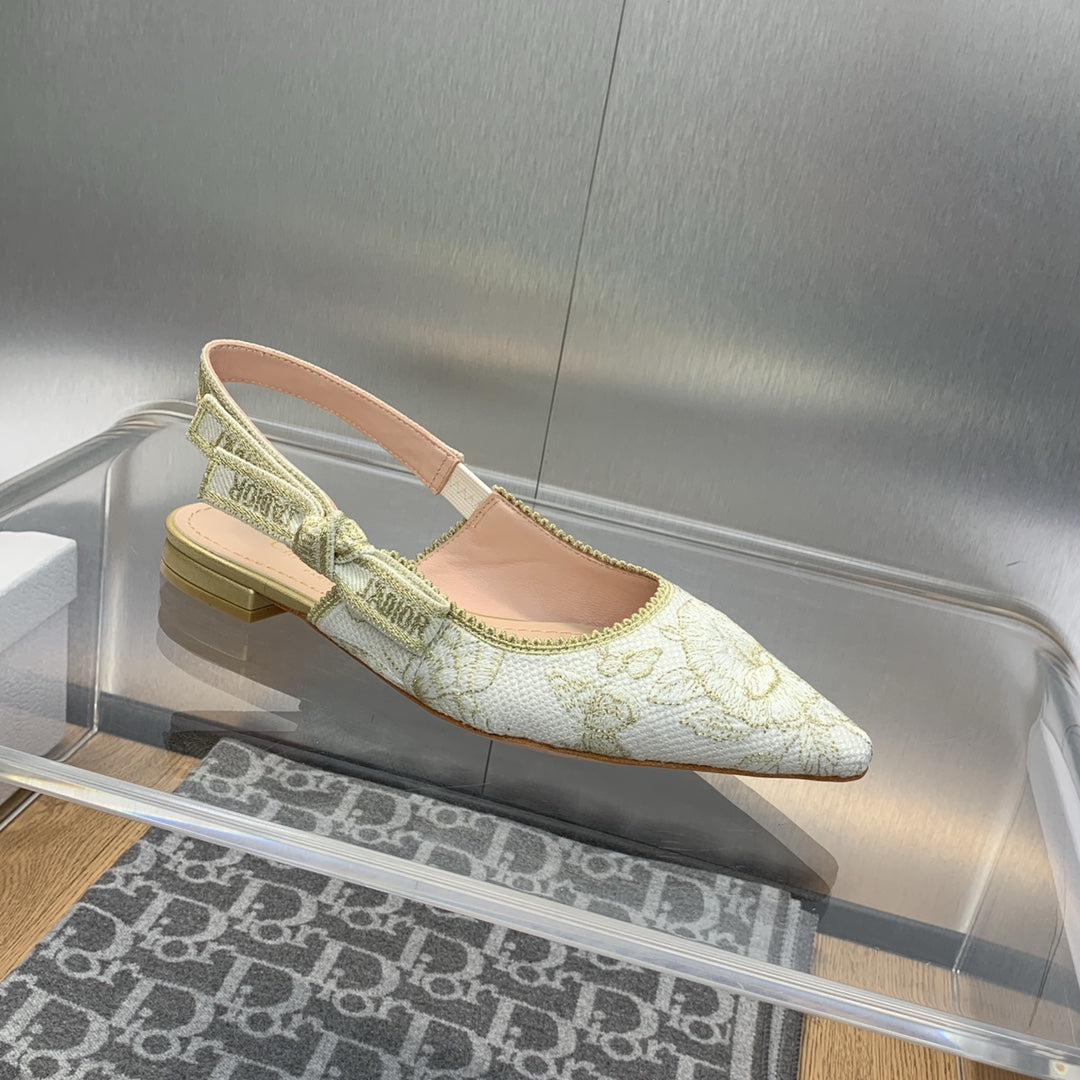 DIOR JA DIOR Slingback Flat White and Gold-Tone Toile de Jouy Mexico Embroidered Cotton with Metallic Thread