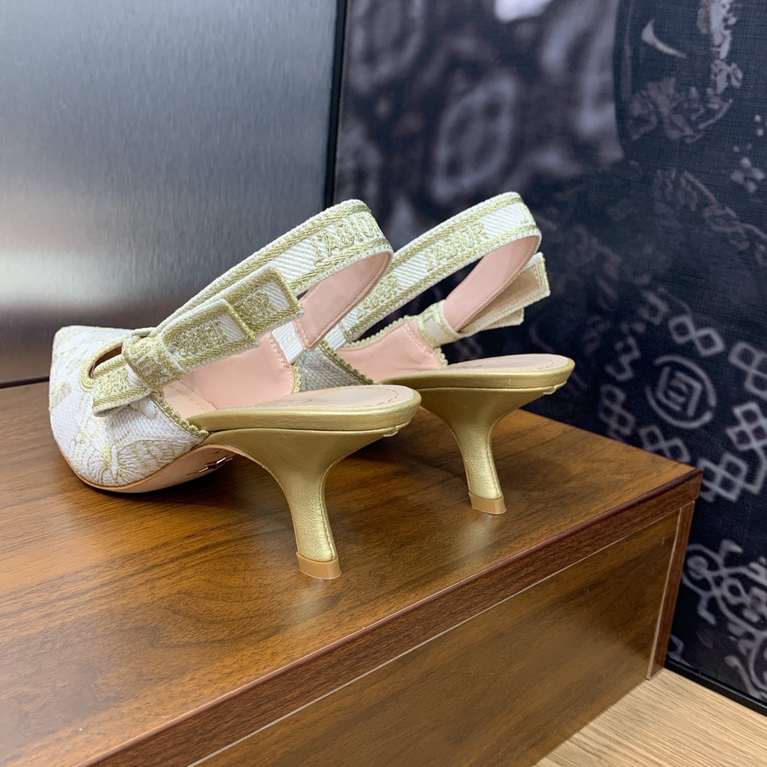DIOR JA DIOR Slingback Pump 65 White and Gold-Tone Toile de Jouy Mexico Embroidered Cotton with Metallic Thread
