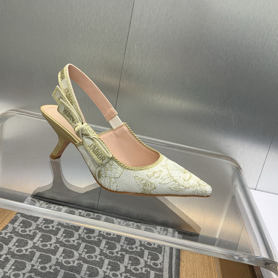 DIOR JA DIOR Slingback Pump 65 White and Gold-Tone Toile de Jouy Mexico Embroidered Cotton with Metallic Thread